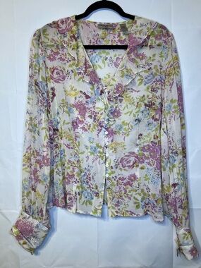 Vintage I.E. 100% Silk Floral Ruffle Blouse Pastel Cottagecore Whimsical -18W